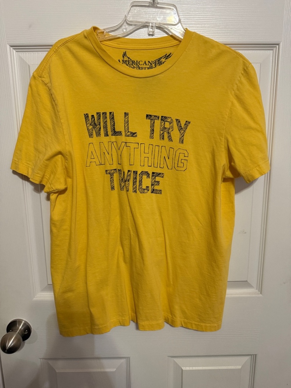 American Eagle Outfitters Yellow Graphic Tee "Will Try Anything Twice"